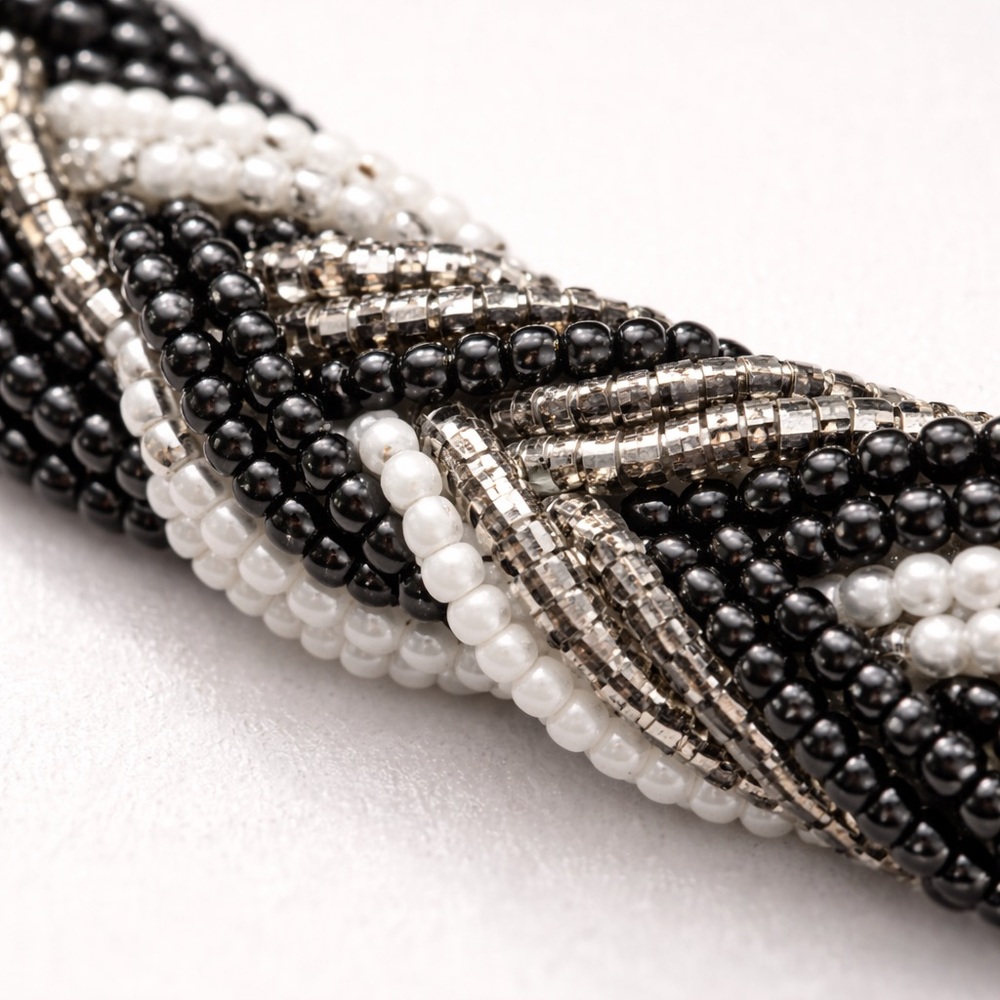 Black White Silver Gray Braided Seed Bead Statement Necklace Bracelet Set Cones - Picture 11 of 12